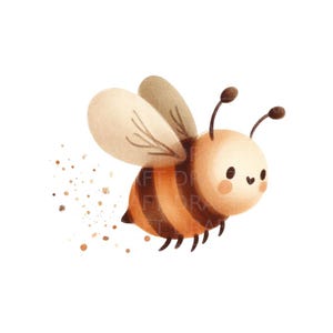 May include: A cartoon bee with brown and yellow stripes, brown wings, and a smiling face. The bee is flying and leaving a trail of yellow pollen behind it.