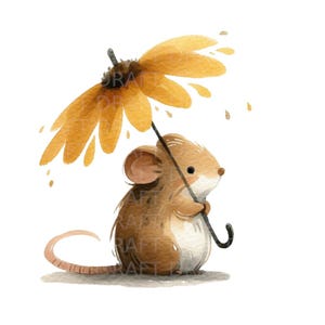 Illustrazione ad acquerello di un ombrello con un topo e un fiore, clipart digitale di alta qualità, PNG trasparente, 300 Dpi, con Jpg e uso commerciale Incl.
