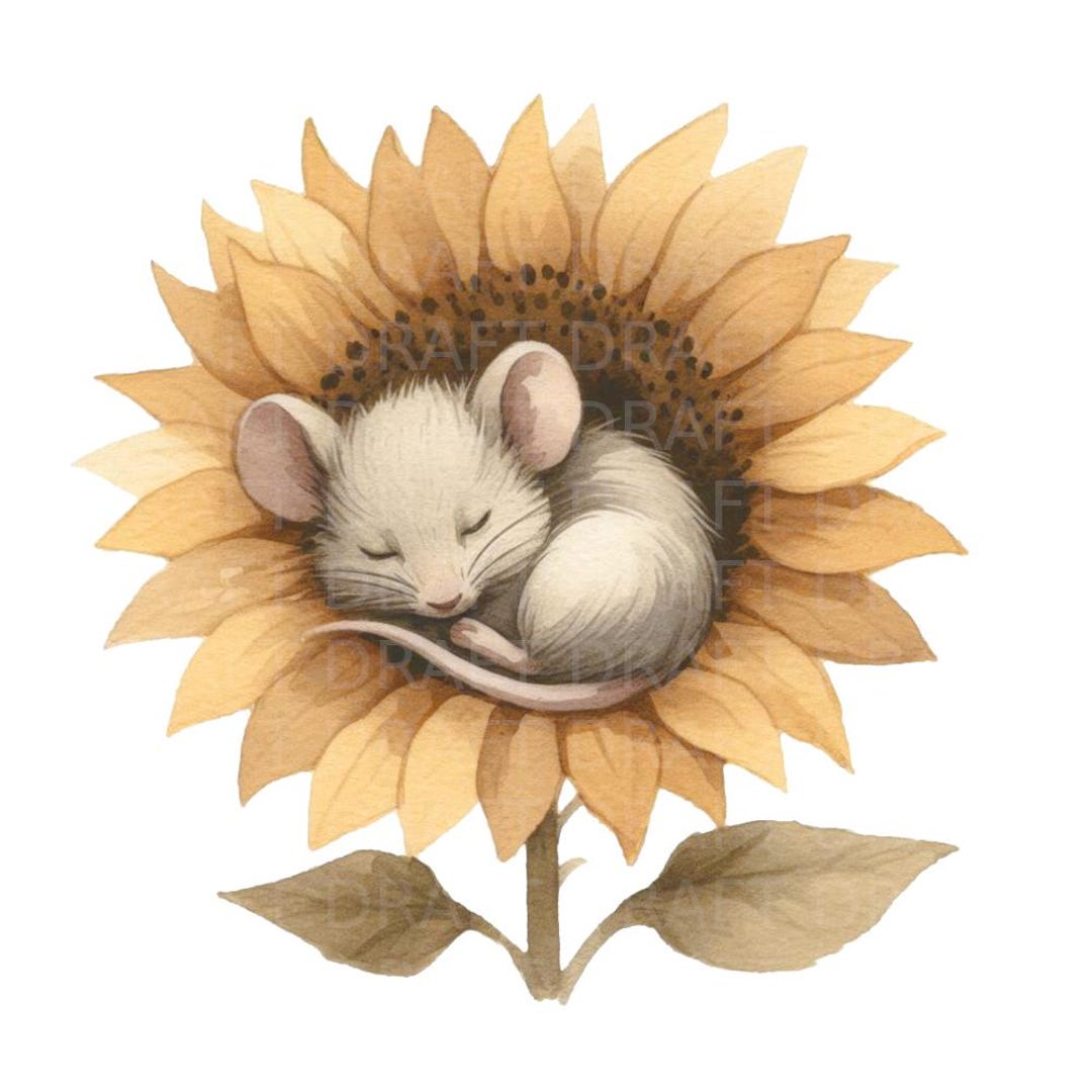 Mouse Sleeping in a Sunflower Watercolour Illustration, High Quality ...