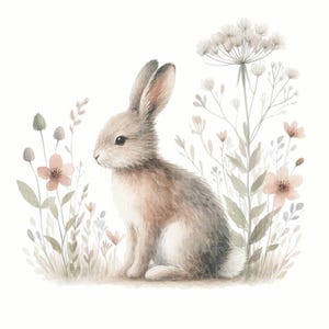 May include: A watercolor painting of a brown rabbit sitting in a field of wildflowers. The rabbit is looking to the right, and the flowers are in shades of pink and white.