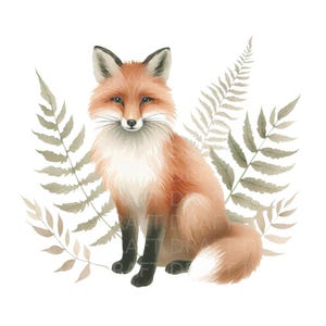 Renard et fougères illustration aquarelle clipart numérique de haute qualité, arrière-plan transparent PNG, 300 Dpi, avec Jpg et usage commercial Incl.
