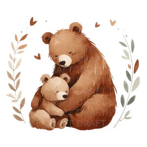 Illustration aquarelle fantaisiste de maman et bébé ours, clipart numérique de haute qualité, fond transparent PNG, JPG, 300 dpi, usage Commercial
