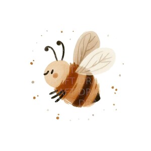 May include: A watercolour illustration of a cute cartoon bee with brown and yellow stripes, flying against a white background with small brown dots.