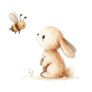 Linda pintura de acuarela de conejito y abeja, clipart digital de alta calidad, fondo transparente PNG, 300 Dpi, con Jpg y uso comercial Incl.