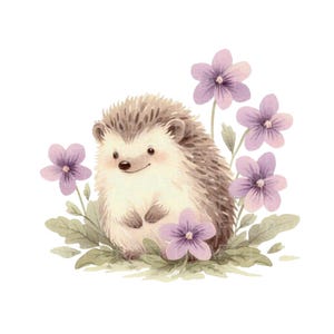 Illustration aquarelle fantaisiste de hérisson et de fleurs clipart numérique de haute qualité, PNG transparent, 300 Dpi, avec Jpg et usage commercial.