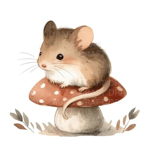 Souris assise sur une illustration aquarelle de champignon vénéneux, clipart numérique de haute qualité, PNG transparent, 300 Dpi, avec Jpg et usage commercial