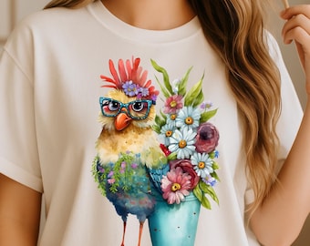 Floral Chicken DTF Transfer, Retro Botanical Heat Dtf Press, Cute Chicken Dtf Print, Gardener T-shirt Design, Farm Animal Tee
