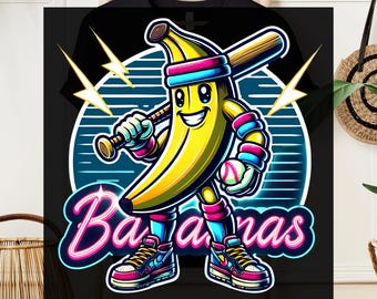 May include: A black t-shirt with a cartoon banana wearing a baseball uniform and holding a bat. The banana is wearing a pink and blue headband and has a neon sign that says "Bananas" behind it. The text "DTF Transfer Ready to Press" is at the top and bottom of the image.