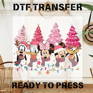 Disney Christmas Pink Tree Dtf Print- Family Christmas Ready To Press, Merry Christmas Desing- Cartoon Characters Dtf