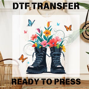 Transfert DTF floral papillon : bottes de jardin colorées, design de t-shirt