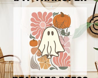 Cute Halloween Ghost DTF Print, Boho Floral Pumpkin DTF Transfer, Autumn Vibes Heat Transfer, Fall Pumpkin Ghost Tee, Iron-on