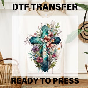 Watercolor Floral Cross DTF Transfer: Christian T-Shirt Print, Ready To Press