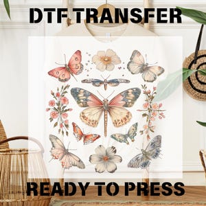 Boho Cottagecore Monarch Butterfly DTF Transfers, Colorful Butterfly Ready To Press, Butterfly with Flowers DTF Heat Press, Easy DIY Iron-On