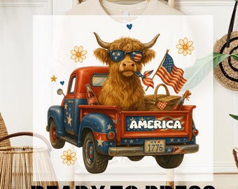 Cute 4th of July Highland Cow DTF Print, Highland Cow DTF Transfer, USA 250th Anniversary Tee, America Usa Popular, Western Patriotic Dtf