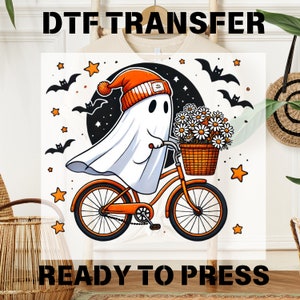 Cute Ghost on A Bike Ready to Press, Ghost On Bike DTF Transfer, Halloween Witch Shirt Design, Fall Pumpkin Dtf,Spooky Bicycle Heat Transfer