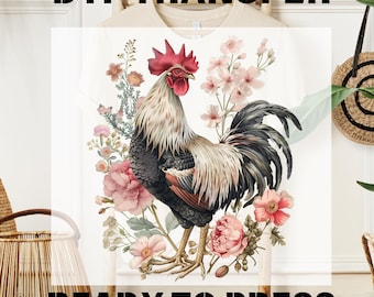 Floral Rooster Chicken DTF Transfer, Ready For Press, Retro Floral Rooster Dtf, T-shirt Design, Flowers and Rooster Print, Bulk Dtf Transfer