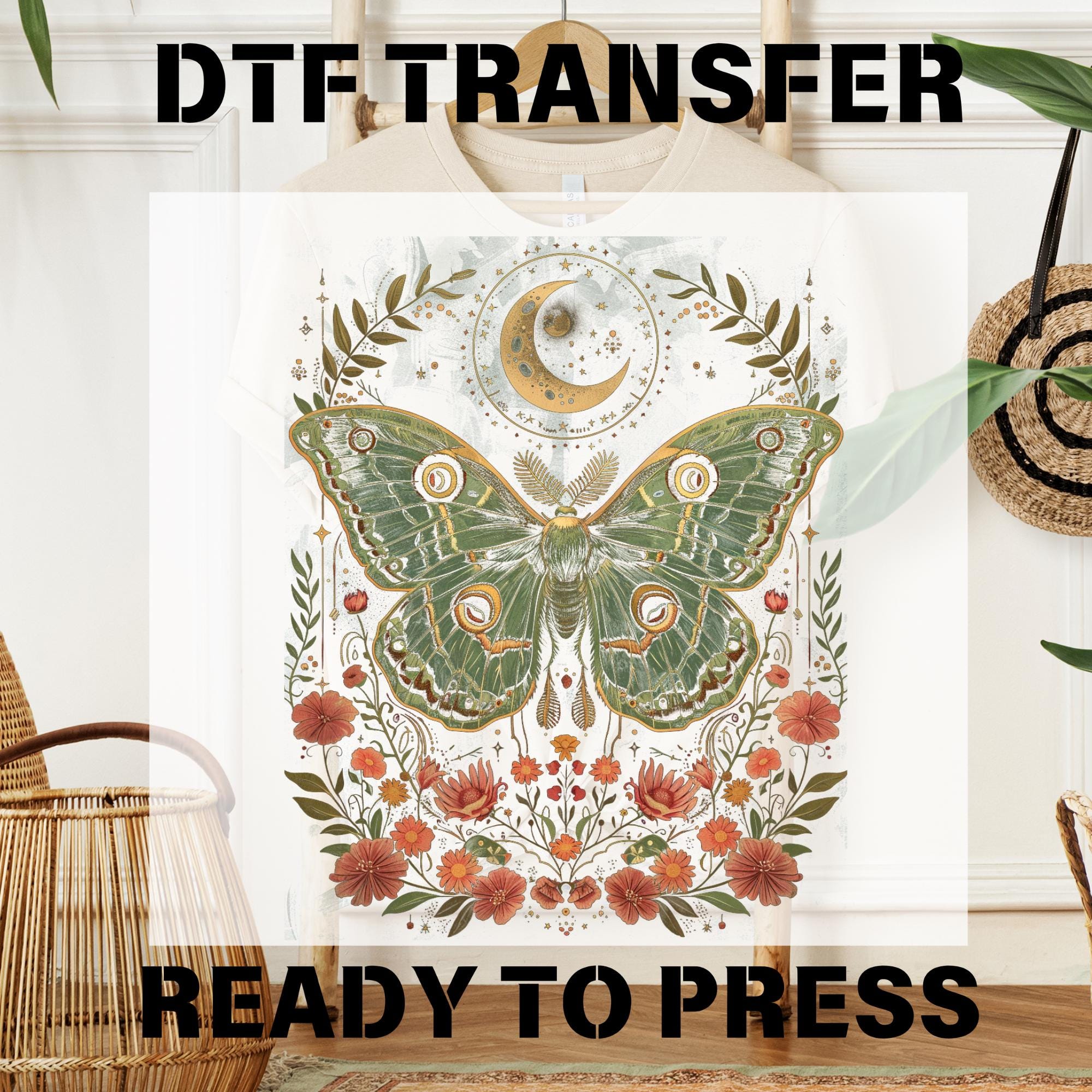 Cottagecore Monarch Butterfly DTF Transfers, Mystical Moon Ready To Press, Butterfly with Flowers DTF Heat Press, Retro Botanical Forestcore