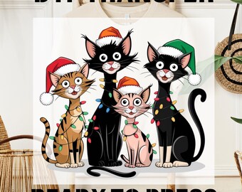 Meowy Christmas Ready to Press DTF, Funny Christmas Cats DTF Transfer, Cat Mom Tee Print, Christmas Lights Cat Dtf, T-shirt Transfer