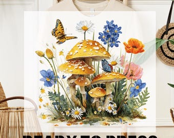Floral Mushroom Ready To Press DTF, Boho Mushroom & Butterfly DTF Transfer, Cottagecore Heat Press Print, Wildflowers Tee, Nature Design