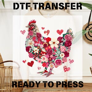 Pink Floral Chicken Ready To Press, Chicken DTF Transfers, Chicken Lover Dtf Heat Press, Chicken Heart Desing, T-shirt Transfers, DTF Prints