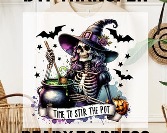 Funny Halloween Ready to Press DTF, Halloween Witch DTF Transfer, Time Tor STır The Pot, Retro Spooky Pumpkin Design, T-shirt Transfer