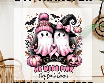 In October We Wear Pink Ghost DTF Transfer, Cute Ghost Ready to Press, Halloween Dtf Print, Breast Cancer T-shirt Transfer, Cancer Awareness