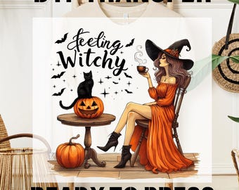 Feelin Witchy Ready to Press DTF, Halloween Witchy DTF Transfer, Retro Spooky Pumpkin Design, Black Cat Mom Tee, T-shirt Transfer