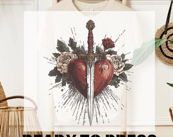 Vintage Sword Ready To Press, Boho Floral Heart & Sword DTF Transfer, Fantasy Sword Dragon Print, T-shirt Transfer