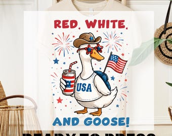 4th Of July Goose DTF Transfer, Patriotic Goose Ready To Press, Memorial Day, USA Flag, Cute American Goose Print