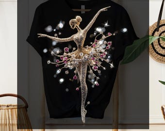 Gold Crystal Ballerina DTF Print, Retro Elegant Ballerina Diamonds DTF Transfer, Girls Ballet Heat Press, Glitter Effect, T-shirt Transfer