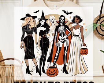 Halloween Skeleton Girls DTF Transfer, Witchy Halloween Dtf Print, Retro Pumpkin Tee, Spooky Season Ready to Press