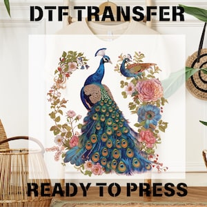 Floral Peacock Ready to Press, Boho Peacock Flowers DTF Transfer, Colorful Peacock Desing, Cottagecore Prints, Gift for Gardener, Women Gift