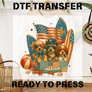 Patriotic Puppies DTF Transfer, Red White And Dogs 4th Of July Ready To Press, Summer USA Wrap Dtf, Girls 4th Of July Dtf, American Flag Dtf