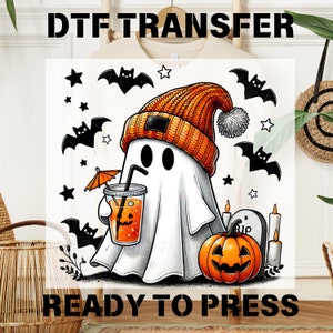 Halloween Ghost DTF Transfer, Coffee Pumpkin Design, Spooky Season, Ready To Press