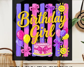 Retro Birthday Girl DTF Transfer, Striped Cake Balloons Sun Design (Ready To Press)