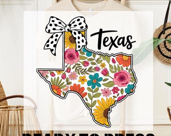 Retro Coquette Texas Bow Heat DTF, Floral Texas State DTF Transfer, State Map Ready To Press, Vintage Design