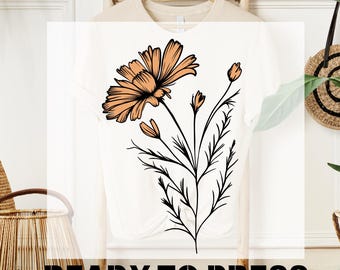 Flower DTF Ready To Press, Retro Floral DTF Transfer, Boho Wildflower Line Art, T-shirt Transfer