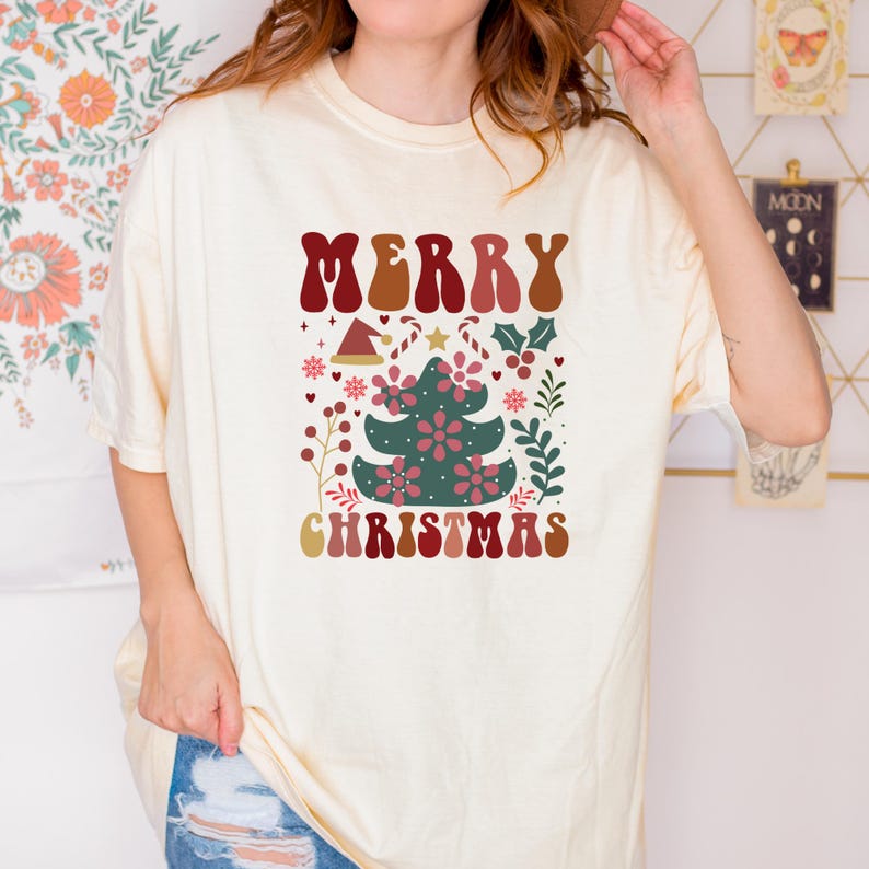Merry Christmas Tree Boho Flowers Dtf Transfer, Ready to Press, Retro