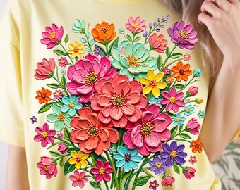 Floral Bouquet DTF Transfer, Colorful Brushstroke Flowers Hand T-shirt Print, Painted Watercolor Wildflower Design, Iron-on