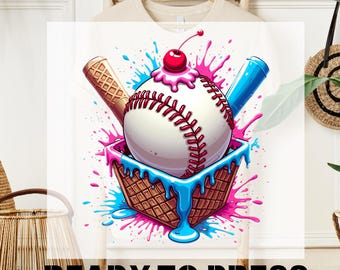 May include: A white t-shirt with a colorful graphic of a baseball in a waffle cone with pink and blue paint splatters. The text "DTF TRANSFER READY TO PRESS" is printed on the shirt.
