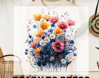 Ready To Press Wildflower DTF Transfer, Boho Botanical Heat Transfer Design