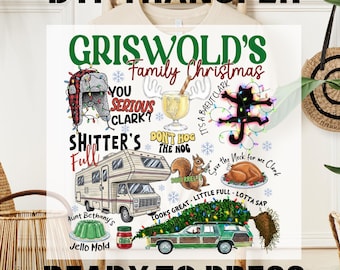 May include: DTF transfer featuring a festive design with the text "Griswold's Family Christmas." The design includes a camper, car with a Christmas tree, and various holiday-themed illustrations and phrases. The words "Ready to Press" are also included.