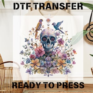 Boho Floral Skeleton DTF Transfer, Gothic Skull with Flowers Ready To Press, Vintage Desing, Women Gift For, T-shirt Transfers, Flower Skull