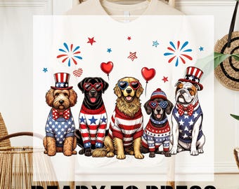 Patriotic Dogs DTF Transfer, 4th of July USA Design, Ready To Press