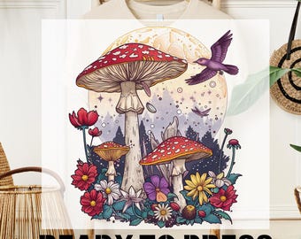 Retro Floral Mushrooms DTF Transfer, Whimsical Mushroom Forest Heat Press Design, Botanical Mushroom Tee, T-shirt Transfer