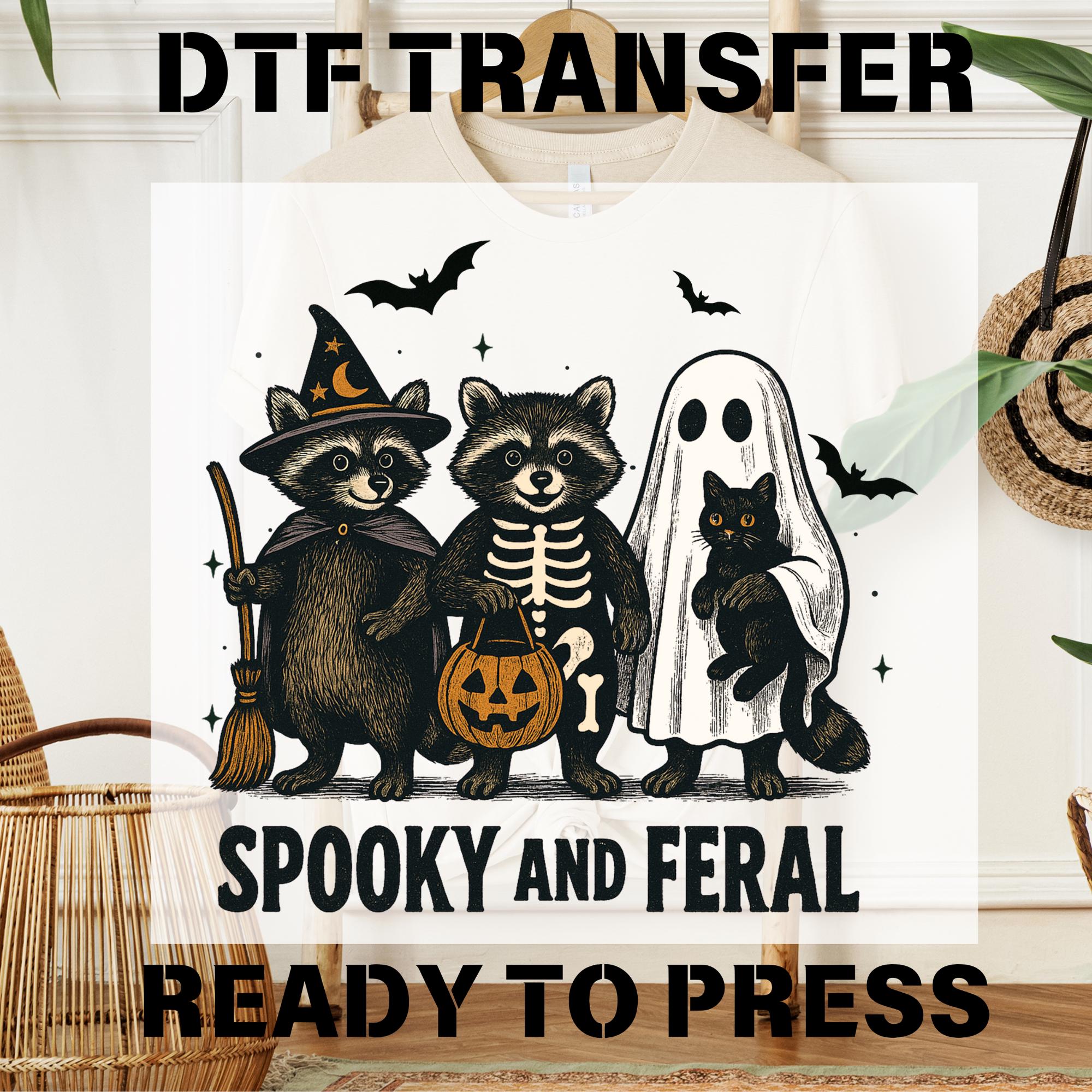 Retro Spooky And Feral Raccoon Dtf Transfer, Halloween Raccoon Ready To Press, Creepy Cute Raccoon Ghost Dtf, Feral Girl Dtf,Witch Dtf Print