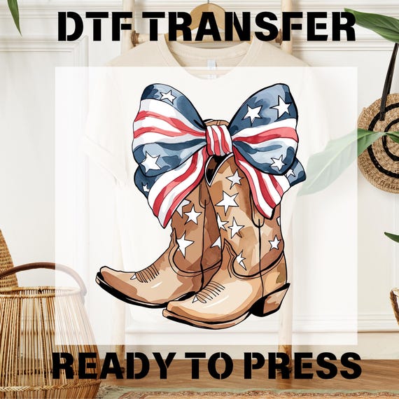 Patriotic Cowgirl Boots DTF Transfer, July 4th American Flag Bow (Ready To Press)