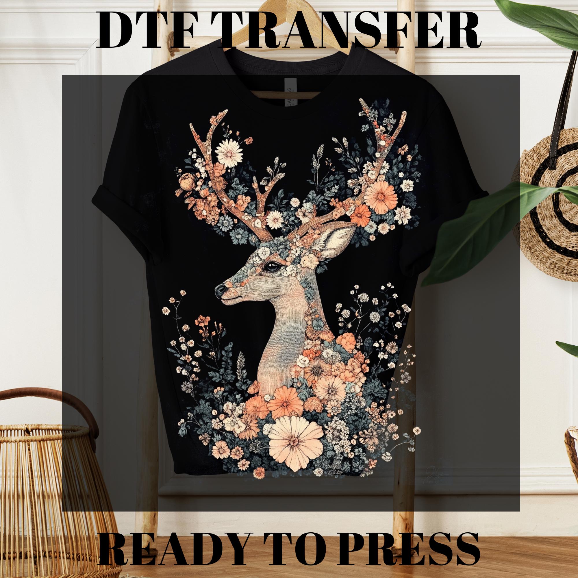 Floral Deer DTF Transfers, Ready To Press, Elegant Floral Deer with Antlers Dtf, Deer Flowers  DTF Heat Press, Nature Lover Gift, Retro Deer