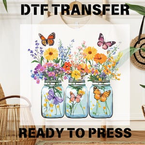 Colored Mason jars with flowers DTF Transfer, Ready To Press, Mason Jar Flowers, T-shirt Transfer, Women Gift, Watercolor Vintage,Spring Dtf