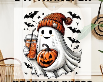 Cute Ghost and Coffee DTF Ready To Press, Halloween Ghost DTF Transfer, Retro Spooky  Pumpkin Design, T-shirt Transfer